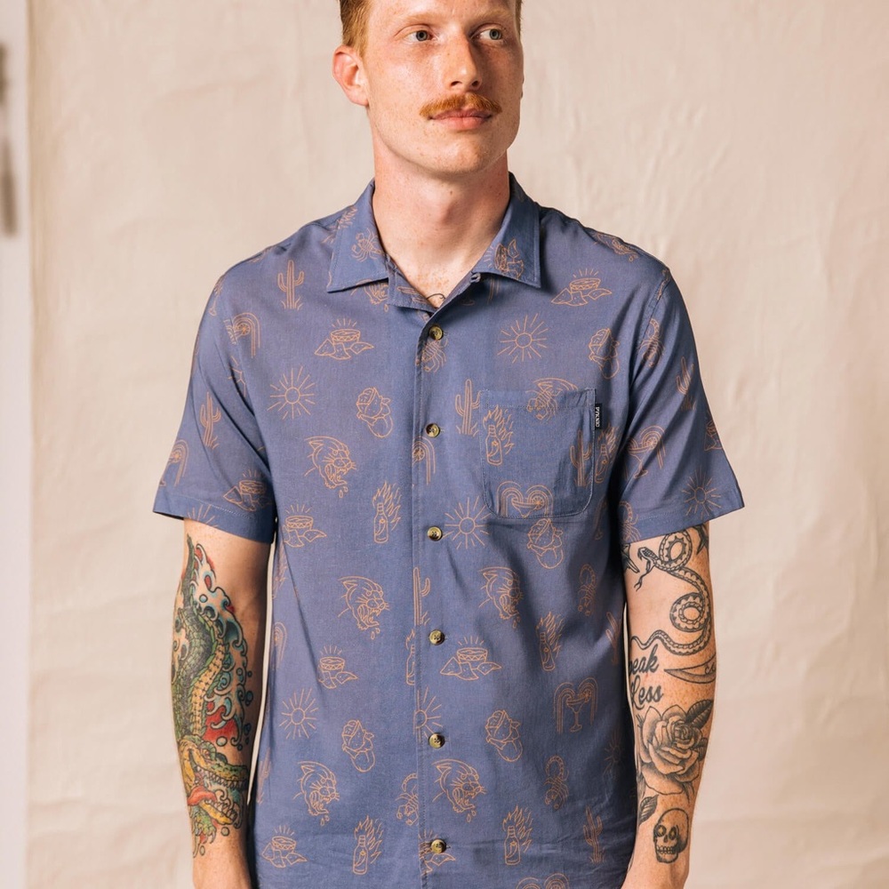 Unisex Blue Patterned Short Sleeve Shirt